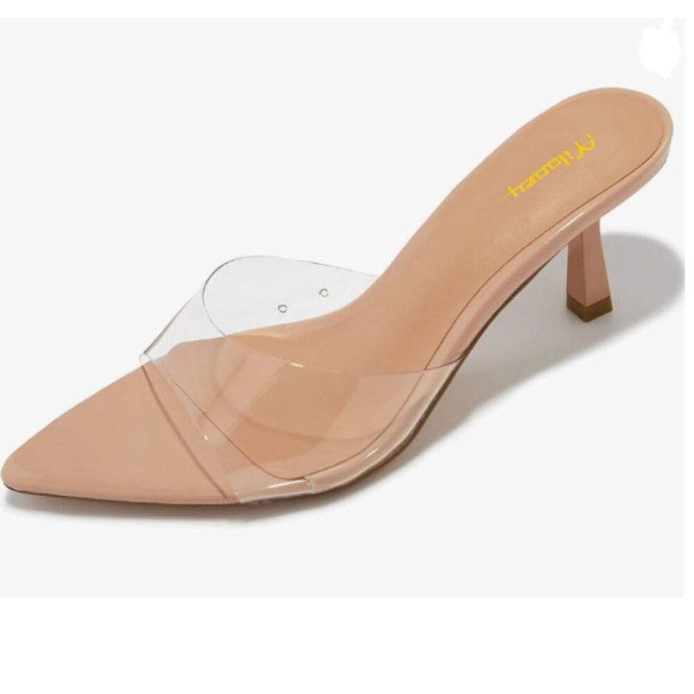 Milooey Nude Clear Kitten Heel Mules Open Toe Slide Sandal Cute Backless Slipper